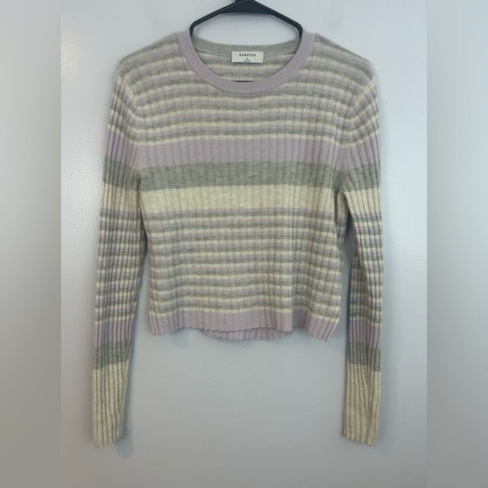 Aritzia Babaton Cropped Purple/Grey Striped Wool/Linen Blend Knit Sweater M
